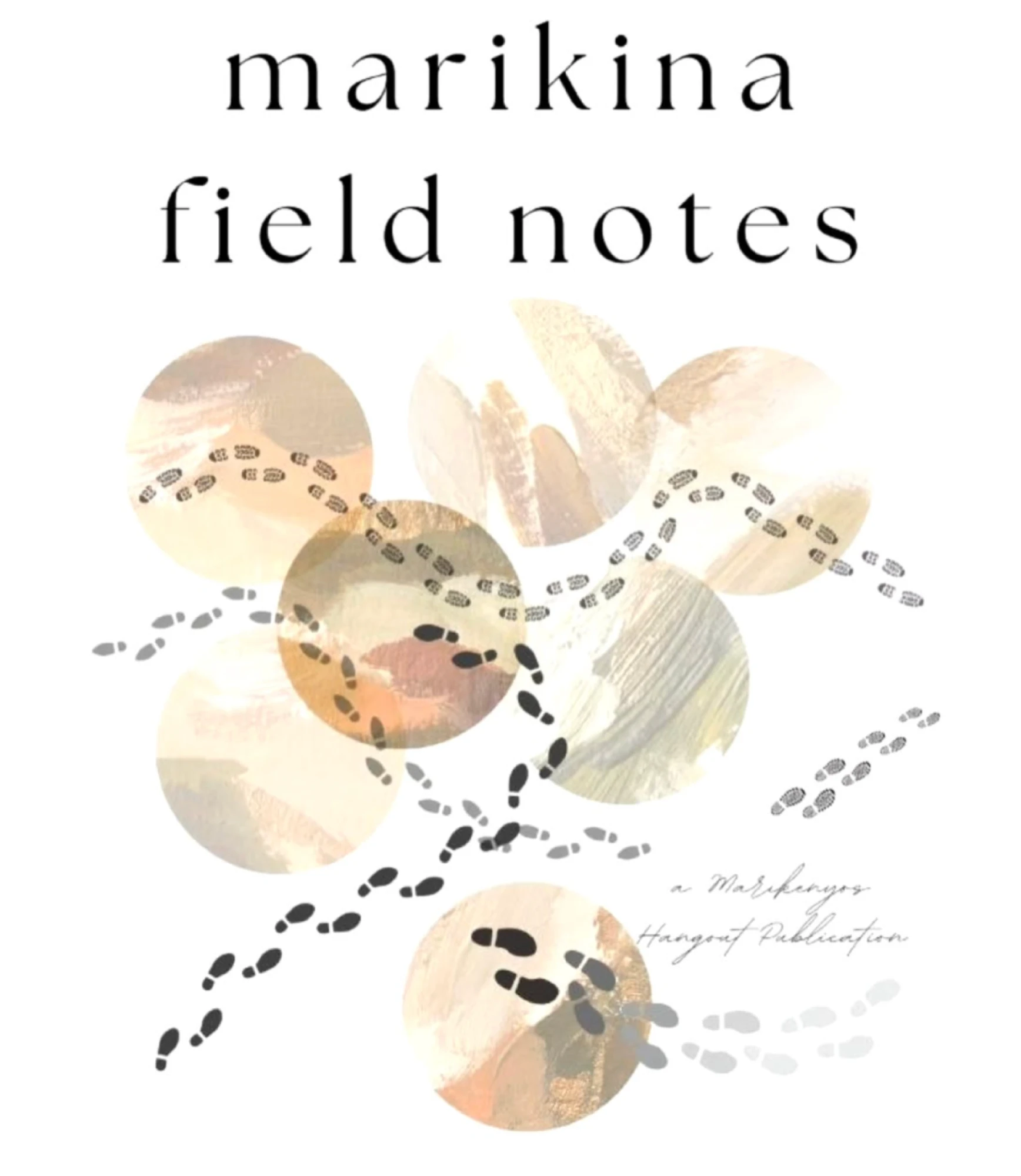 The Marikina Field Notes cover: painted circles in earthy colors crossed by trails of footprints
