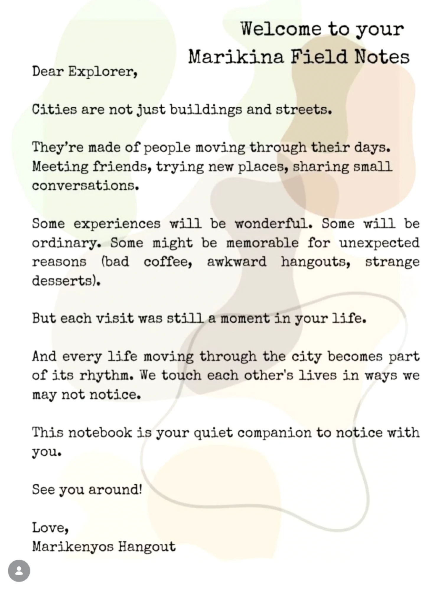 The welcome page inside the notebook, a letter that begins Dear Explorer